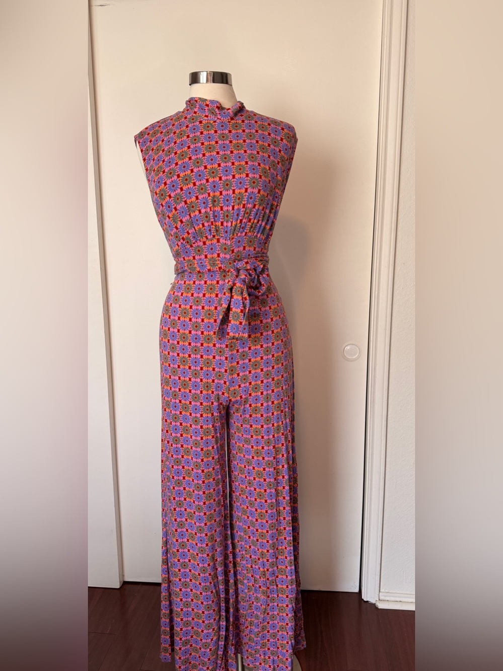 Free People Geometric Floral Wide-Leg Jumpsuit in Purple and Pink